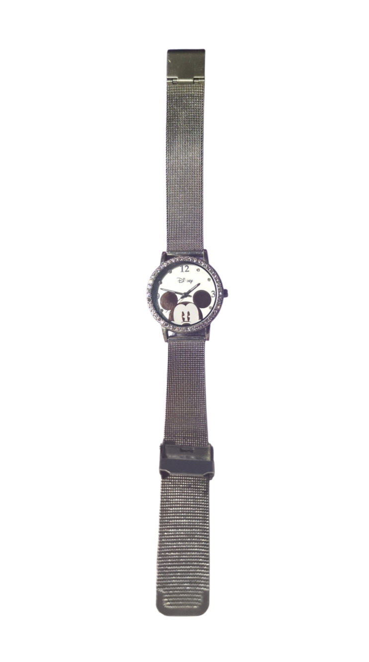 Disney Mickey Mouse Women's Analog Rhinestone Bezel Silver Mesh Strap Watch